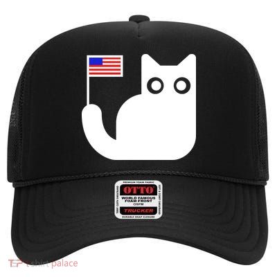 Cute Cat USA Tail Flag High Crown Mesh Back Trucker Hat