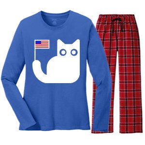 Cute Cat USA Tail Flag Women's Long Sleeve Flannel Pajama Set 