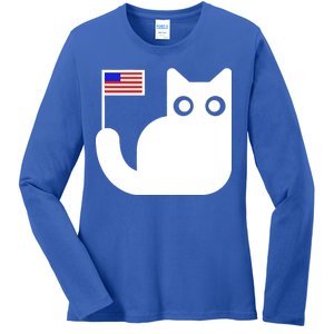 Cute Cat USA Tail Flag Ladies Long Sleeve Shirt