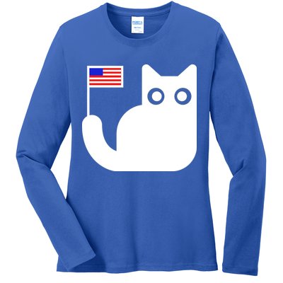 Cute Cat USA Tail Flag Ladies Long Sleeve Shirt