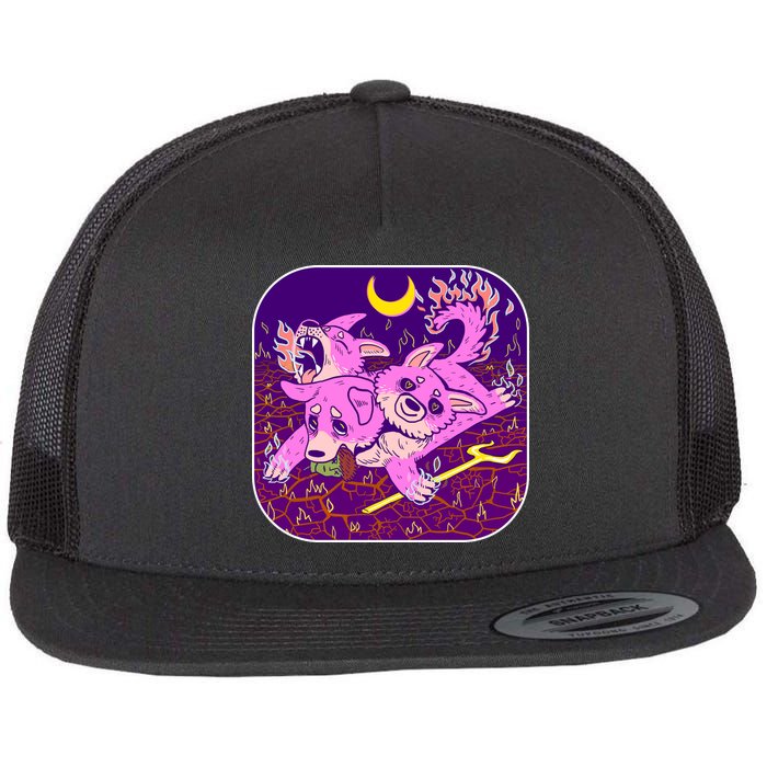 Cute Cerberus 3 Headed Puppy Dog of Hell Flat Bill Trucker Hat