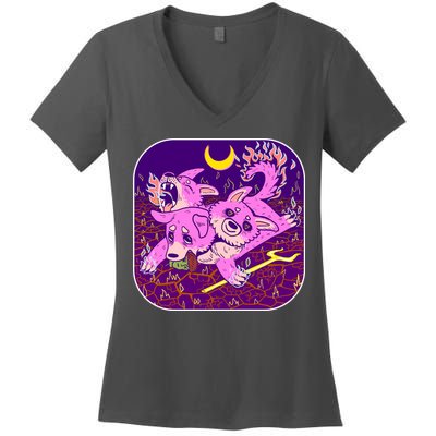 Cute Cerberus 3 Headed Puppy Dog of Hell Women's V-Neck T-Shirt