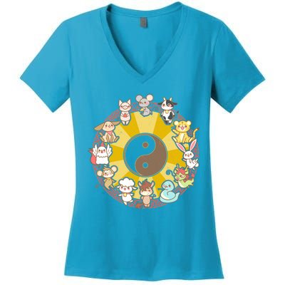 Cute Chinese Zodiac Animals Women's V-Neck T-Shirt