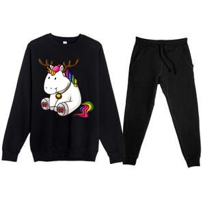 Cute Christmas Comic Reindeer Unicorn Premium Crewneck Sweatsuit Set