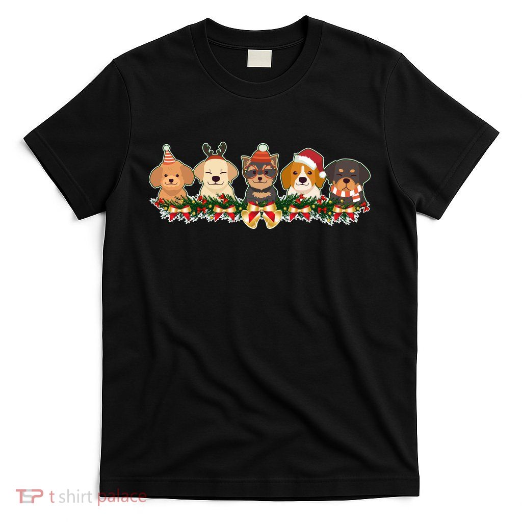 Cute Christmas Dogs Puppies Holly Garland  T-Shirt