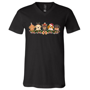 Cute Christmas Dogs Puppies Holly Garland  V-Neck T-Shirt