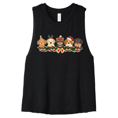 Cute Christmas Dogs Puppies Holly Garland  Women's Racerback Cropped Tank