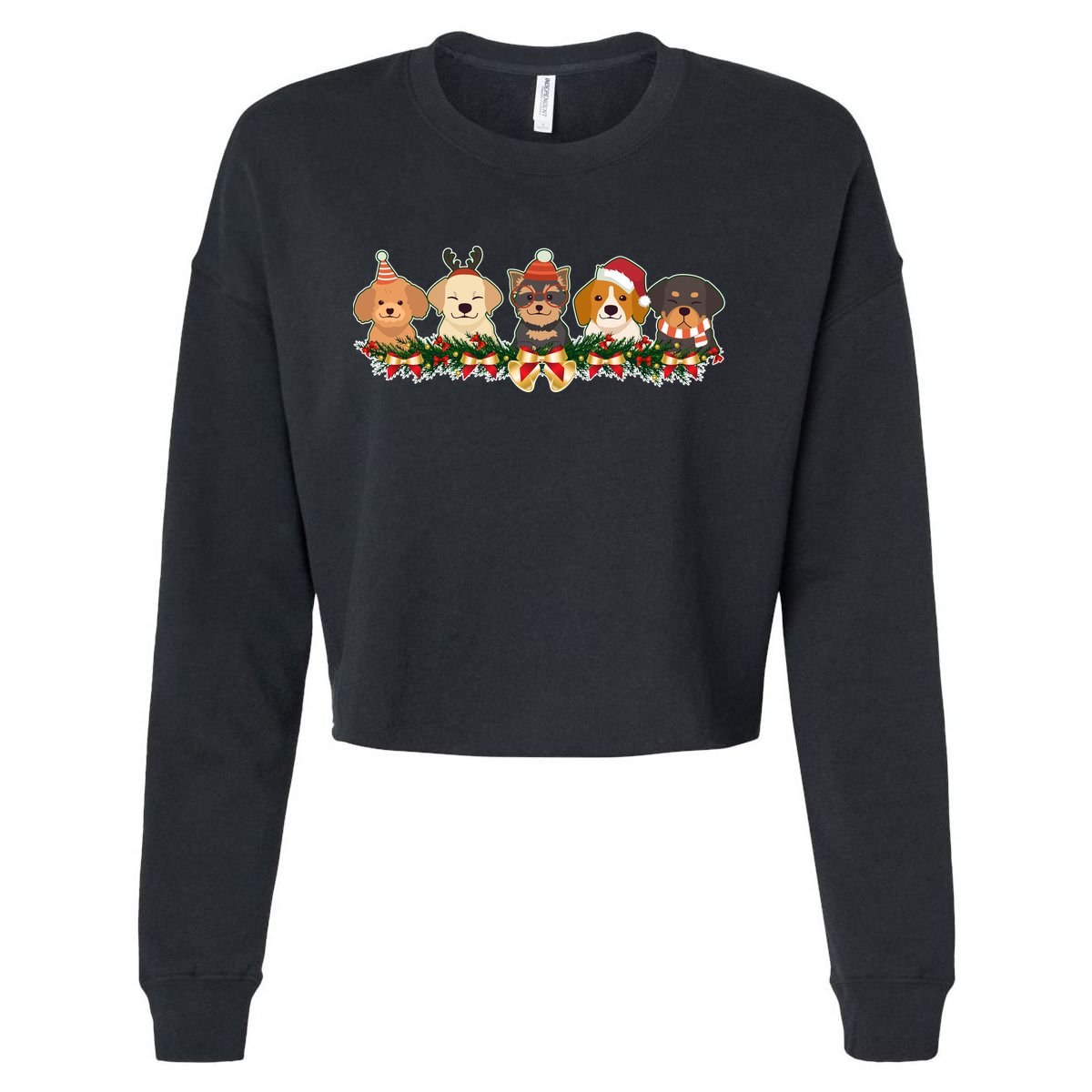 Cute Christmas Dogs Puppies Holly Garland  Cropped Pullover Crew