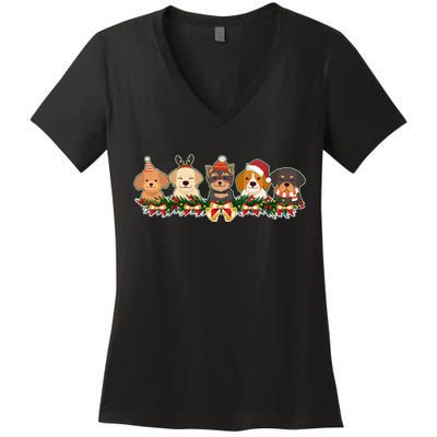 Cute Christmas Dogs Puppies Holly Garland  Women's V-Neck T-Shirt