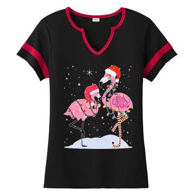 Cute Christmas Festive Flamingos Ladies Halftime Notch Neck Tee