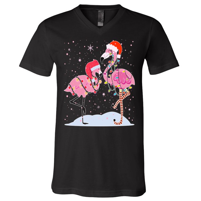 Cute Christmas Festive Flamingos V-Neck T-Shirt