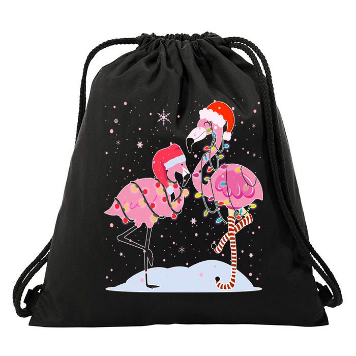 Cute Christmas Festive Flamingos Drawstring Bag