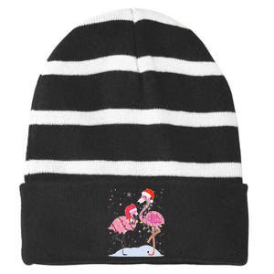 Cute Christmas Festive Flamingos Striped Beanie with Solid Band