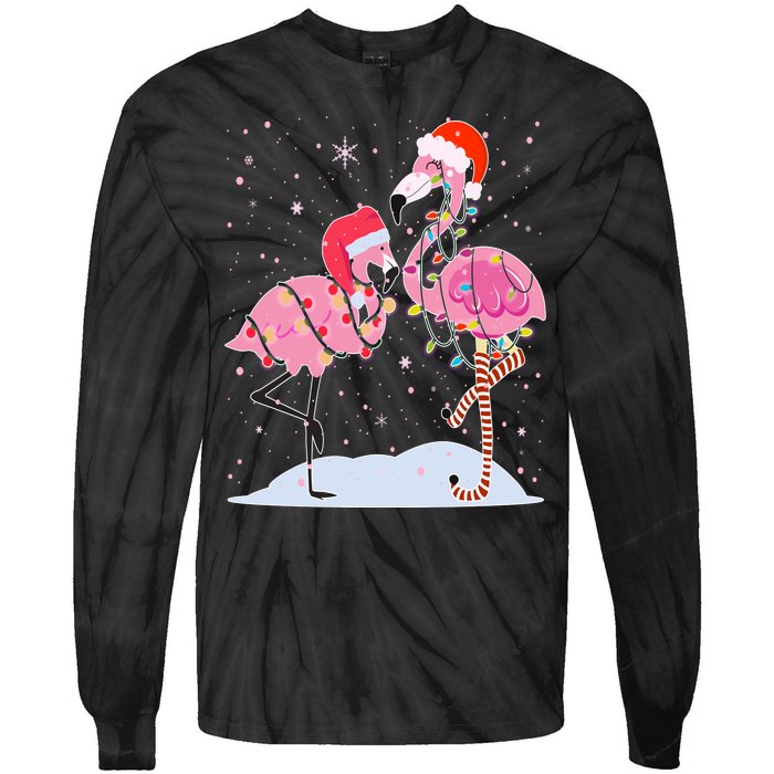 Cute Christmas Festive Flamingos Tie-Dye Long Sleeve Shirt