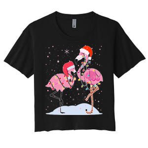 Cute Christmas Festive Flamingos Women's Crop Top Tee