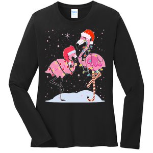 Cute Christmas Festive Flamingos Ladies Long Sleeve Shirt