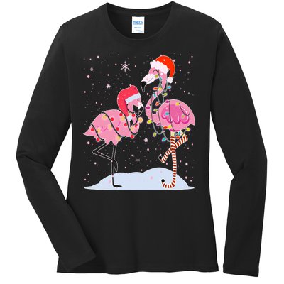 Cute Christmas Festive Flamingos Ladies Long Sleeve Shirt