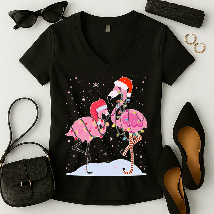 Cute Christmas Festive Flamingos Women's V-Neck T-Shirt