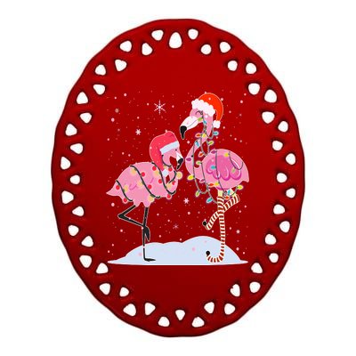 Cute Christmas Festive Flamingos Ceramic Oval Ornament