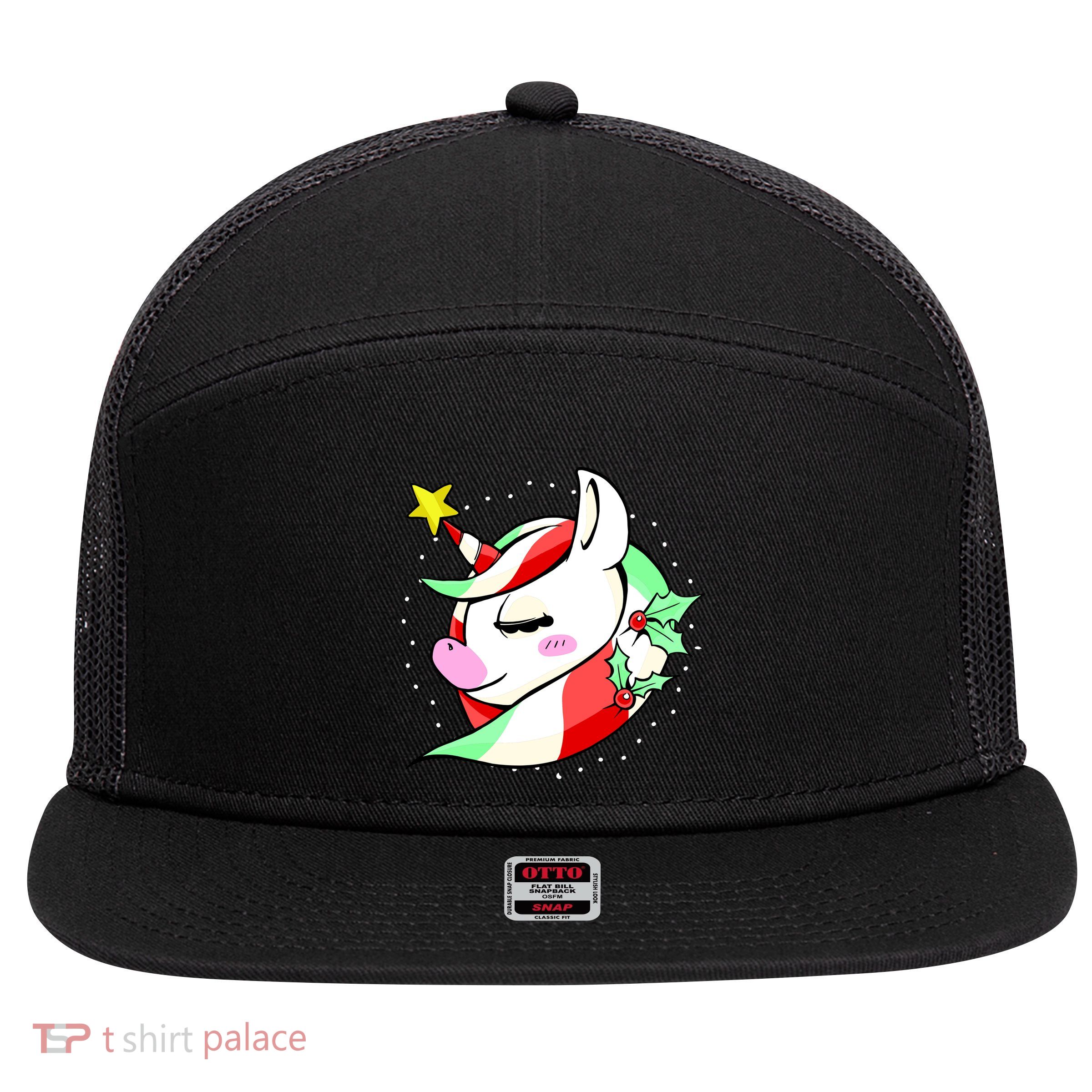 Cute Christmas Unicorn Star Mistletoe 7 Panel Mesh Trucker Snapback Hat