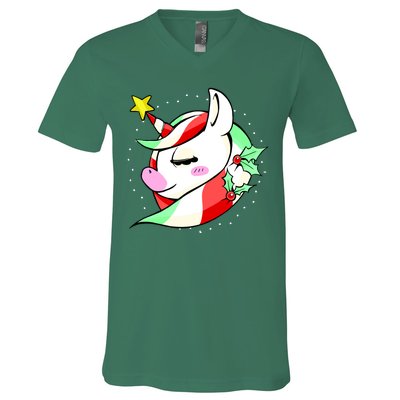 Cute Christmas Unicorn Star Mistletoe V-Neck T-Shirt