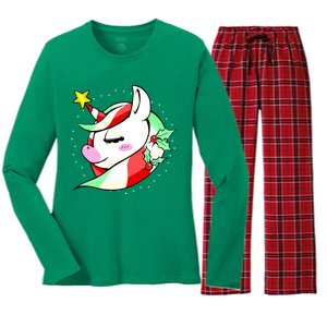 Cute Christmas Unicorn Star Mistletoe Women's Long Sleeve Flannel Pajama Set 