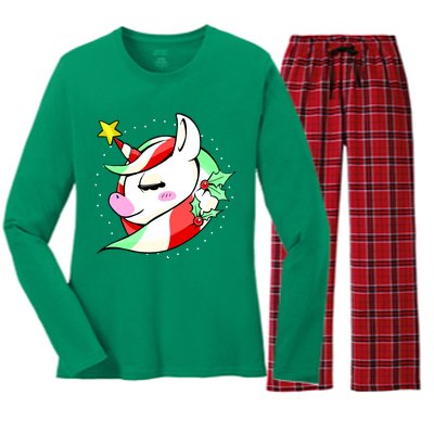 Cute Christmas Unicorn Star Mistletoe Women's Long Sleeve Flannel Pajama Set 