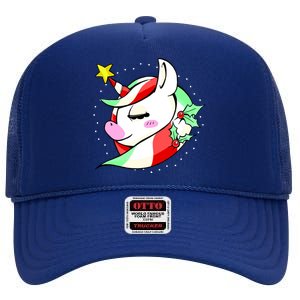 Cute Christmas Unicorn Star Mistletoe High Crown Mesh Back Trucker Hat