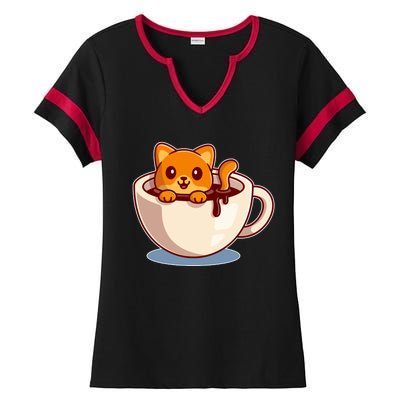 Cute Coffee Kitty Ladies Halftime Notch Neck Tee