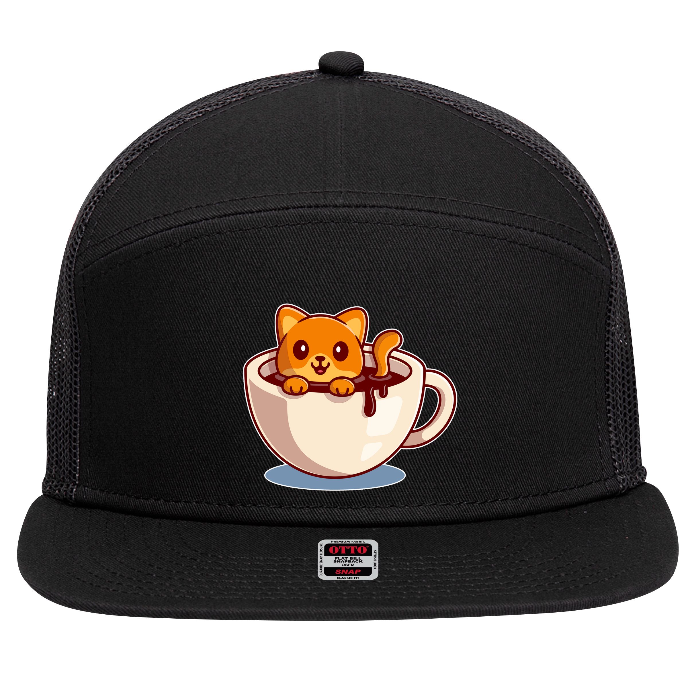 Cute Coffee Kitty 7 Panel Mesh Trucker Snapback Hat