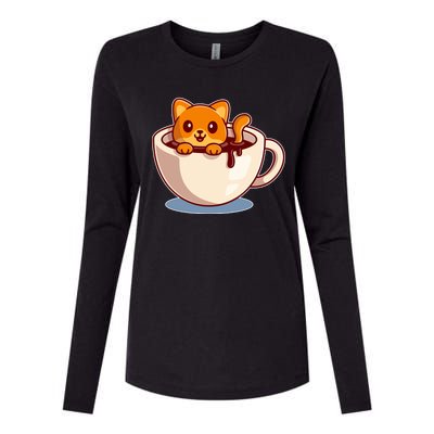 Cute Coffee Kitty Womens Cotton Relaxed Long Sleeve T-Shirt