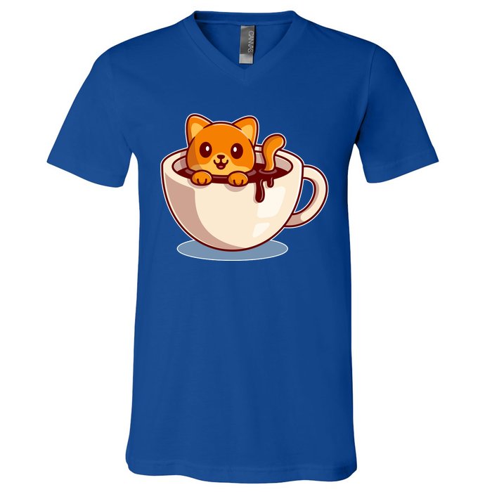 Cute Coffee Kitty V-Neck T-Shirt