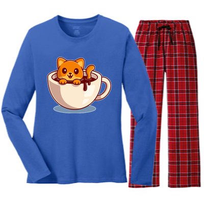 Cute Coffee Kitty Women's Long Sleeve Flannel Pajama Set 