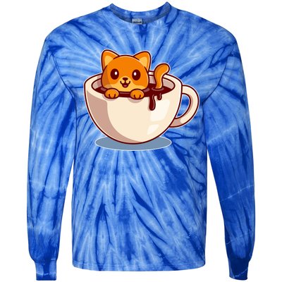 Cute Coffee Kitty Tie-Dye Long Sleeve Shirt