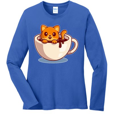 Cute Coffee Kitty Ladies Long Sleeve Shirt