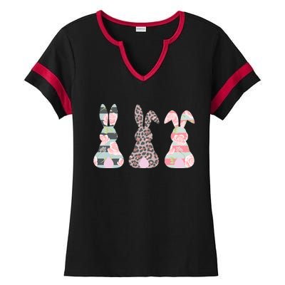 Cute Easter Bunnies Rose Stripe Leopard Patterns Ladies Halftime Notch Neck Tee