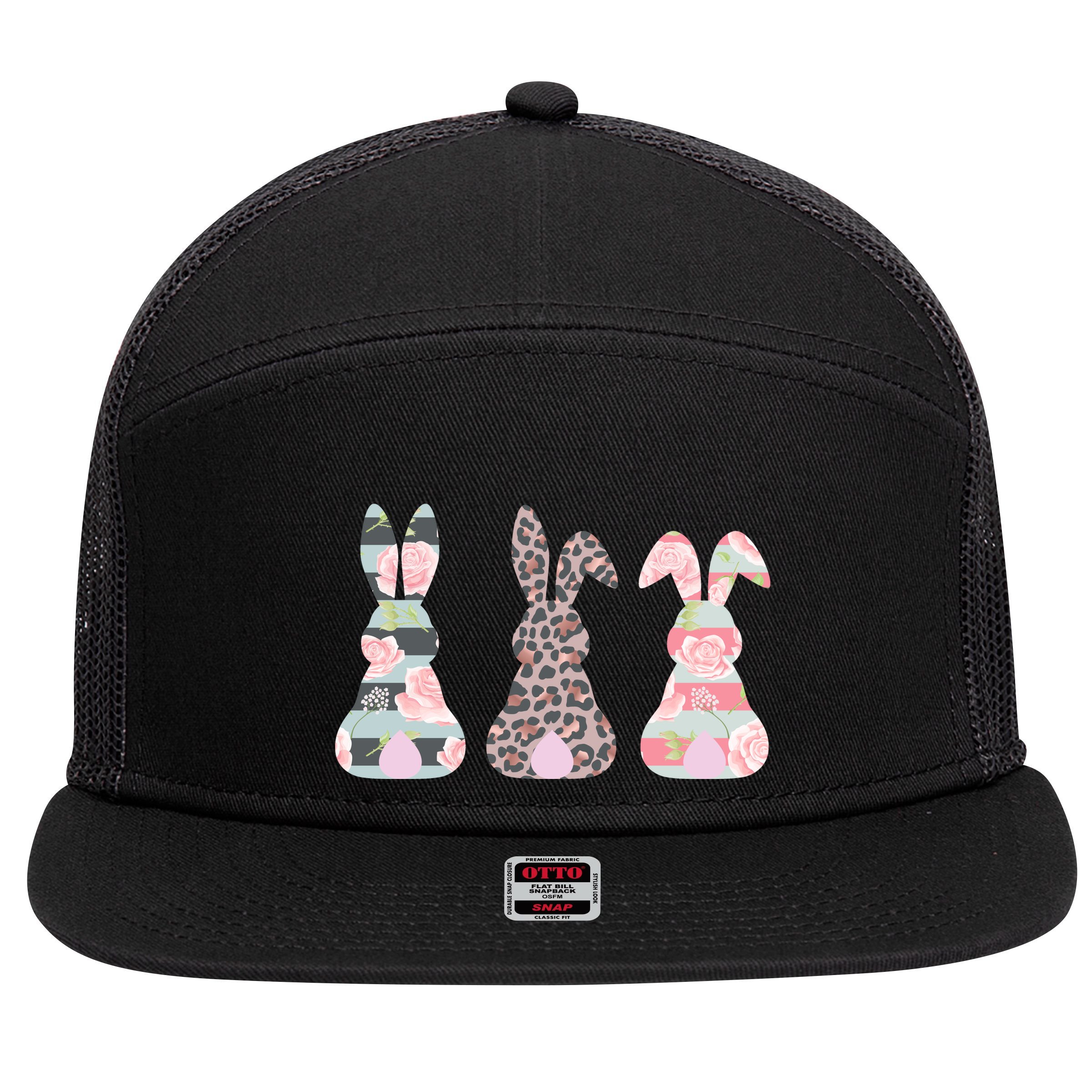 Cute Easter Bunnies Rose Stripe Leopard Patterns 7 Panel Mesh Trucker Snapback Hat