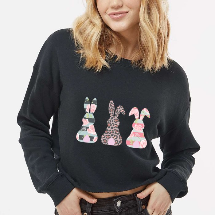 Cute Easter Bunnies Rose Stripe Leopard Patterns Cropped Pullover Crew