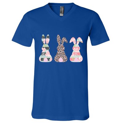 Cute Easter Bunnies Rose Stripe Leopard Patterns V-Neck T-Shirt
