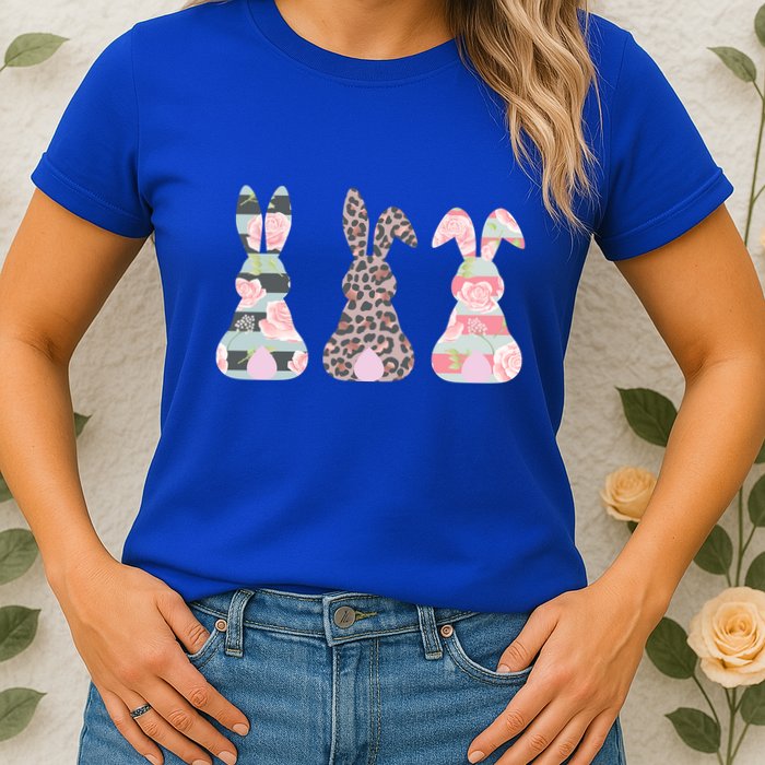 Cute Easter Bunnies Rose Stripe Leopard Patterns Womens T-Shirt