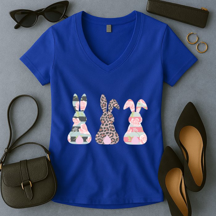 Cute Easter Bunnies Rose Stripe Leopard Patterns Women's V-Neck T-Shirt