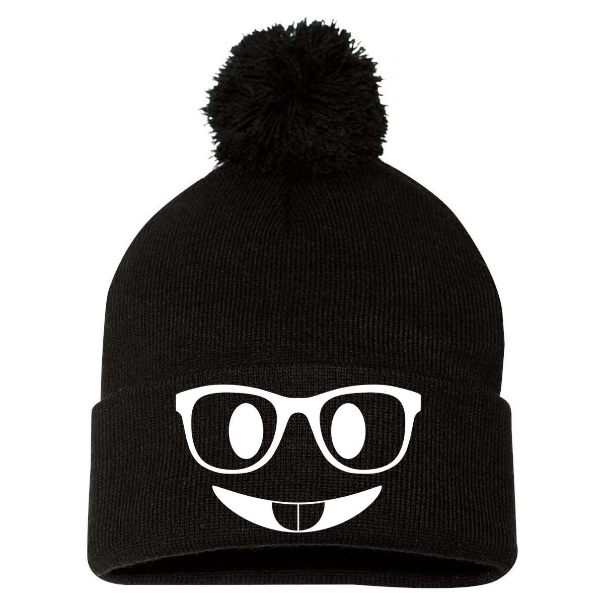 Cute Emoji Nerd Face Pom Pom 12in Knit Beanie