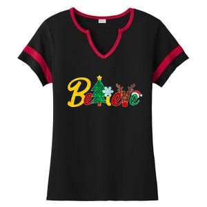 Cute Festive Christmas Believe  Ladies Halftime Notch Neck Tee