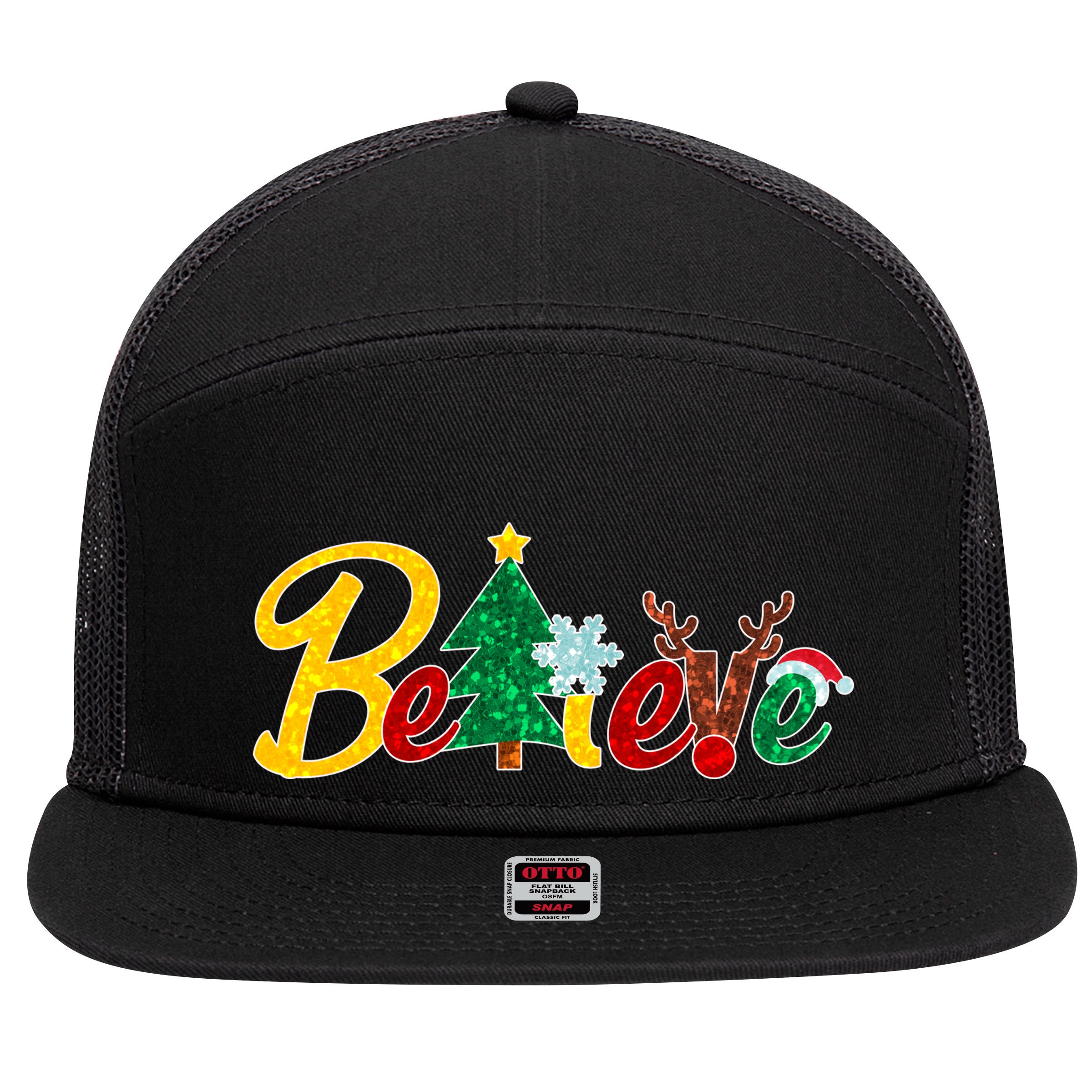 Cute Festive Christmas Believe  7 Panel Mesh Trucker Snapback Hat