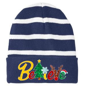 Cute Festive Christmas Believe  Striped Beanie with Solid Band