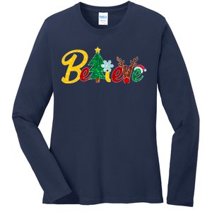 Cute Festive Christmas Believe  Ladies Long Sleeve Shirt