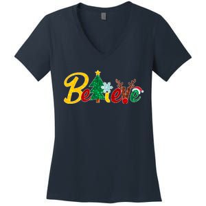 Cute Festive Christmas Believe  Women's V-Neck T-Shirt