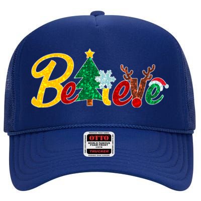 Cute Festive Christmas Believe  High Crown Mesh Back Trucker Hat