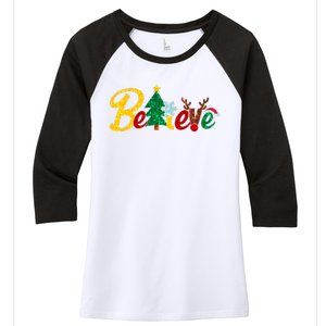 Cute Festive Christmas Believe  Women's Tri-Blend 3/4-Sleeve Raglan Shirt