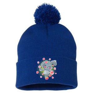 Cute Flower Easter Bunny Pom Pom 12in Knit Beanie